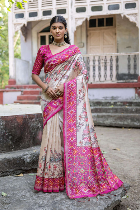 Jyoti Fashion Women's Pink Soft Tussar Silk Floral Printed Saree with Blouse