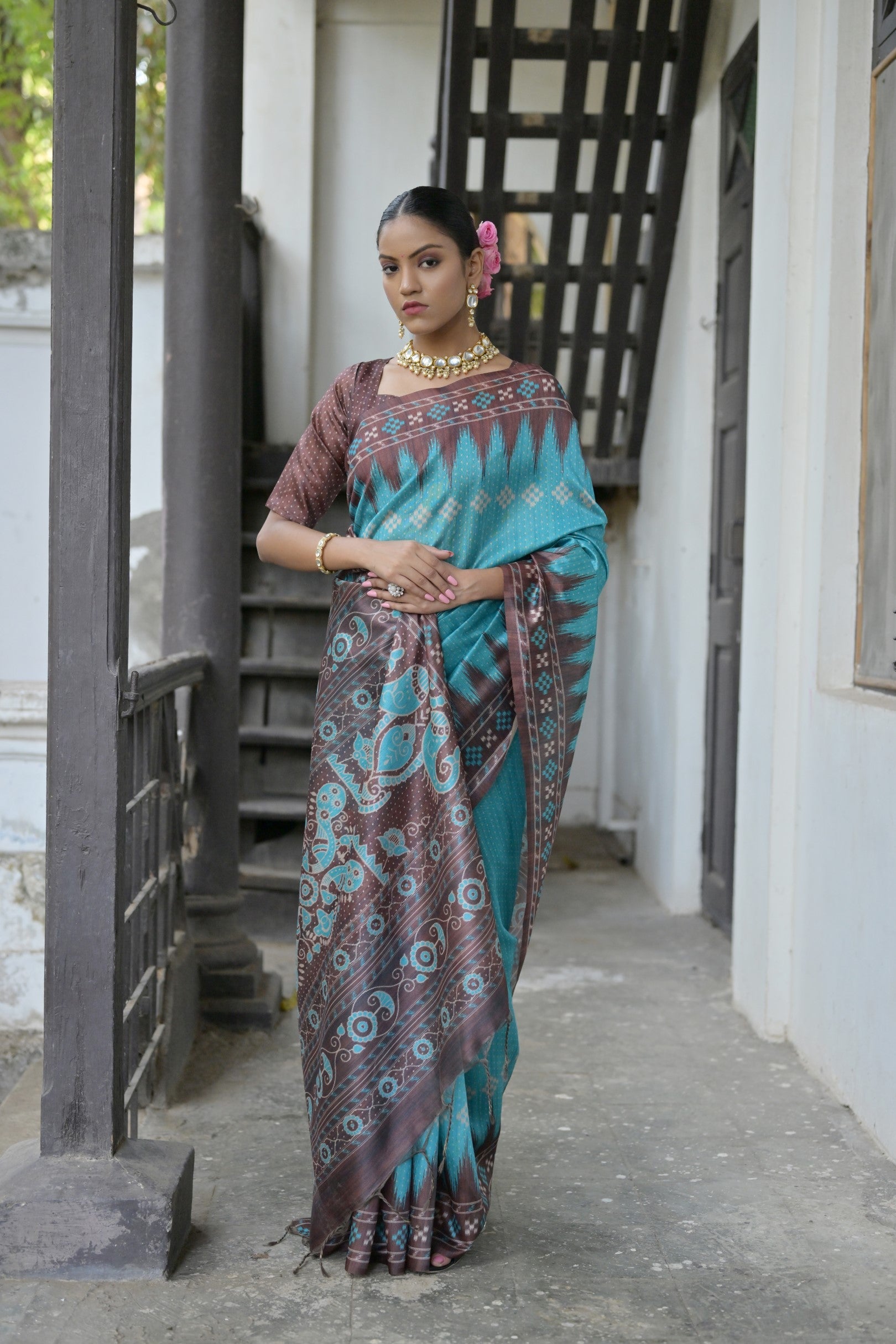 Jyoti Fashion Women's Sky Blue Soft Tussar Silk Temple Border Saree with Blouse - Distacart