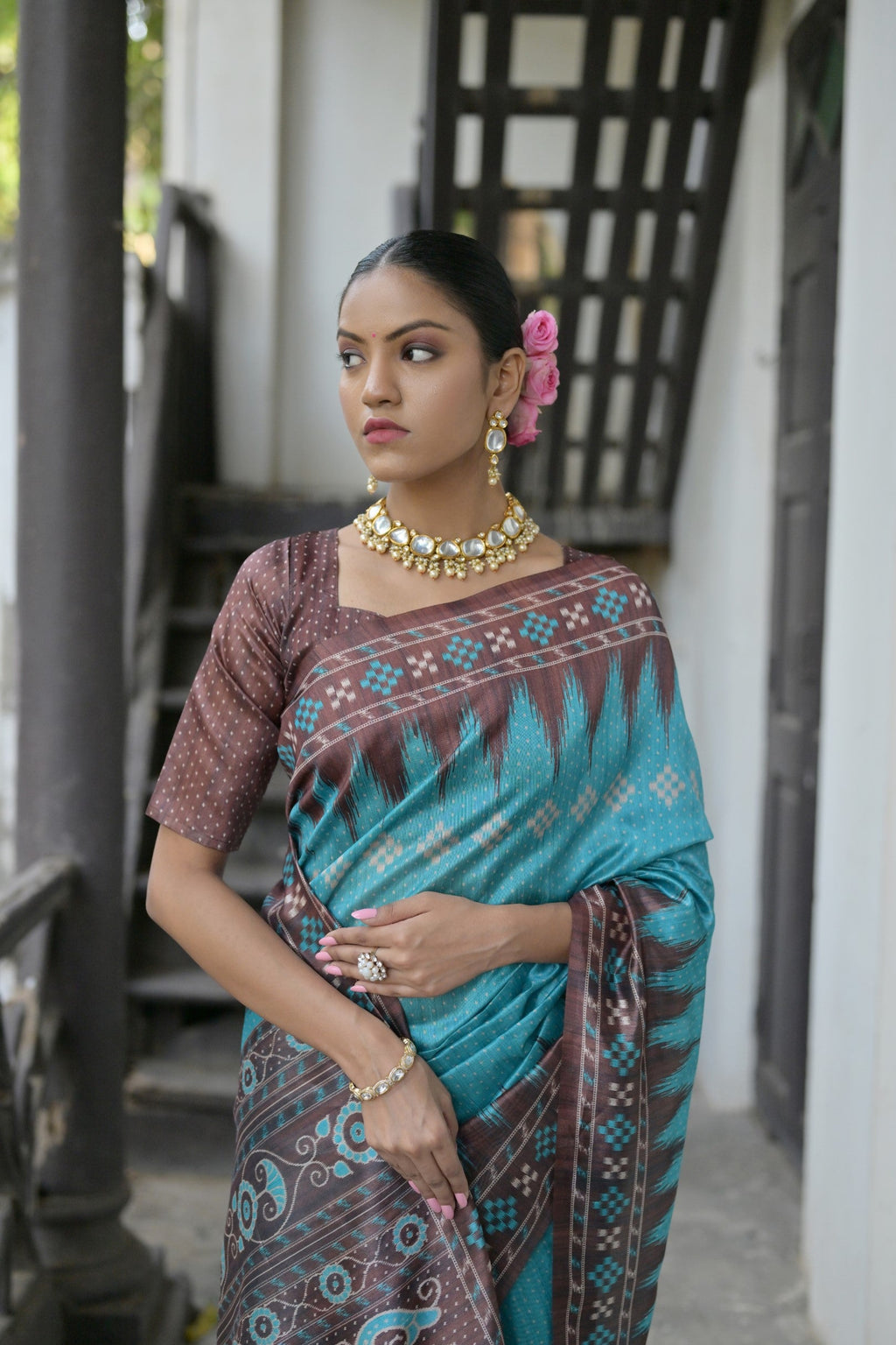 Jyoti Fashion Women's Sky Blue Soft Tussar Silk Temple Border Saree with Blouse - Distacart