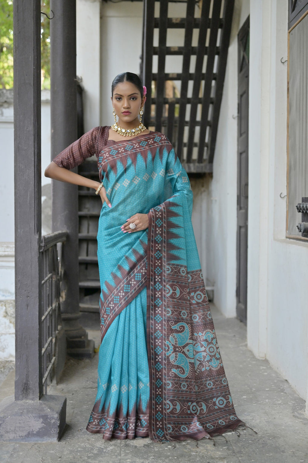 Jyoti Fashion Women's Sky Blue Soft Tussar Silk Temple Border Saree with Blouse - Distacart