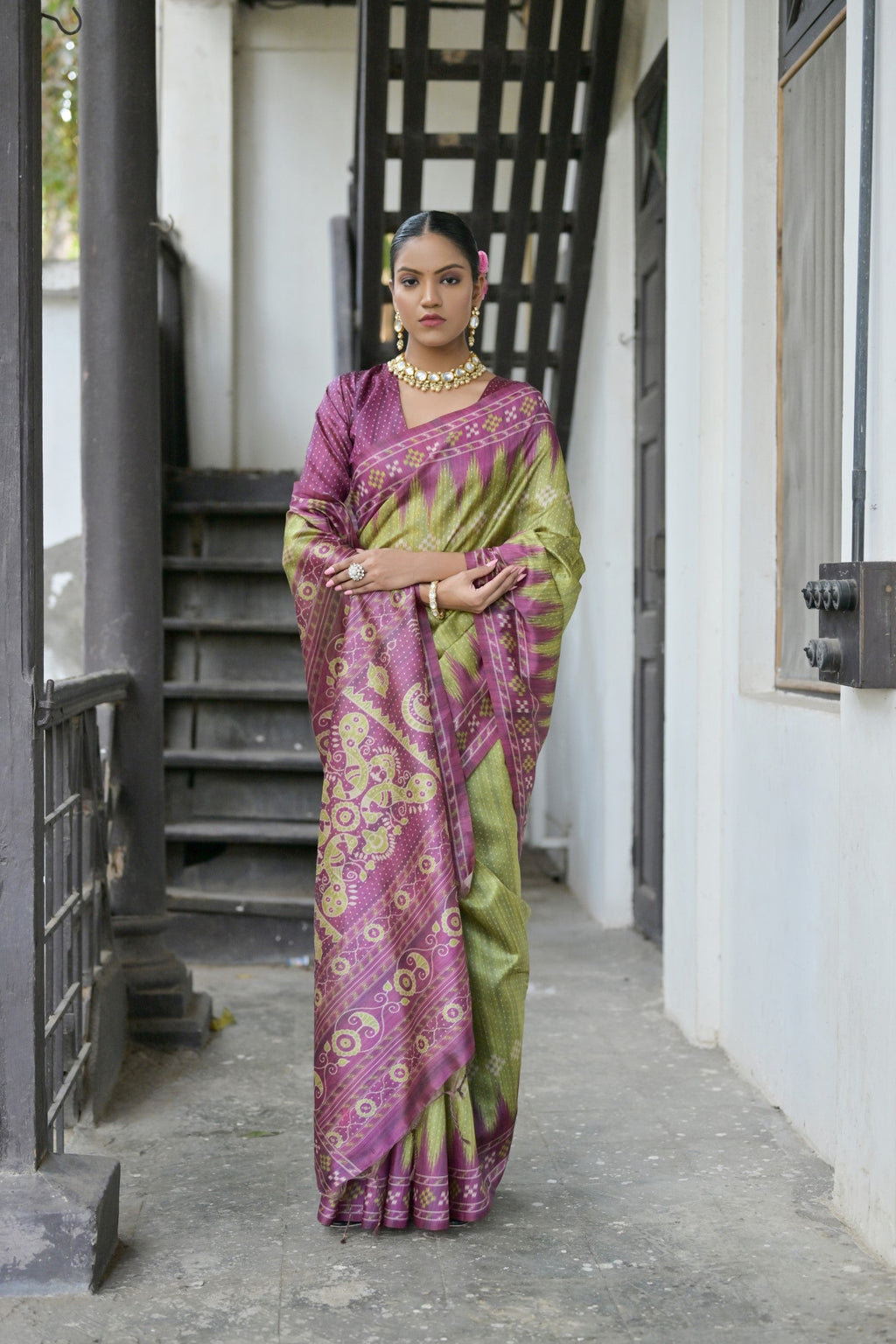 Jyoti Fashion Women's Green Soft Tussar Silk Temple Border Saree with Blouse - Distacart