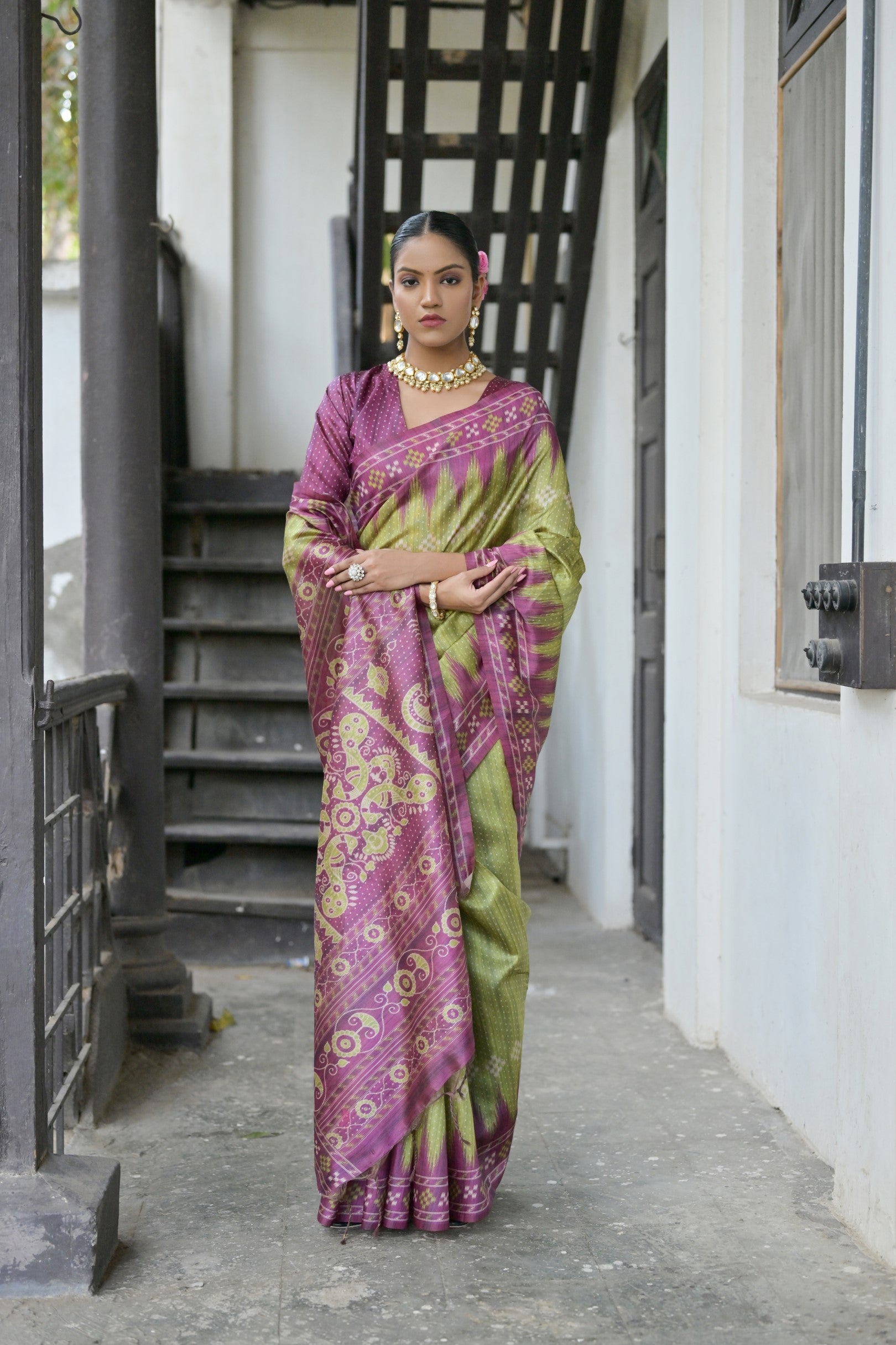 Jyoti Fashion Women's Green Soft Tussar Silk Temple Border Saree with Blouse - Distacart