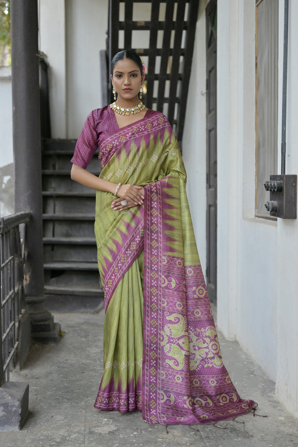 Jyoti Fashion Women's Green Soft Tussar Silk Temple Border Saree with Blouse - Distacart
