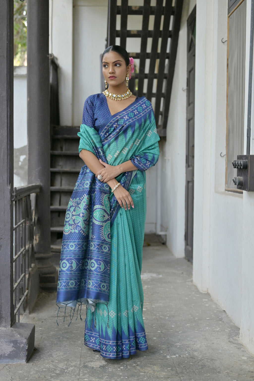 Jyoti Fashion Women's Sea Green Soft Tussar Silk Temple Border Saree with Blouse - Distacart