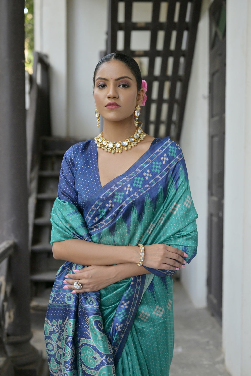 Jyoti Fashion Women's Sea Green Soft Tussar Silk Temple Border Saree with Blouse - Distacart