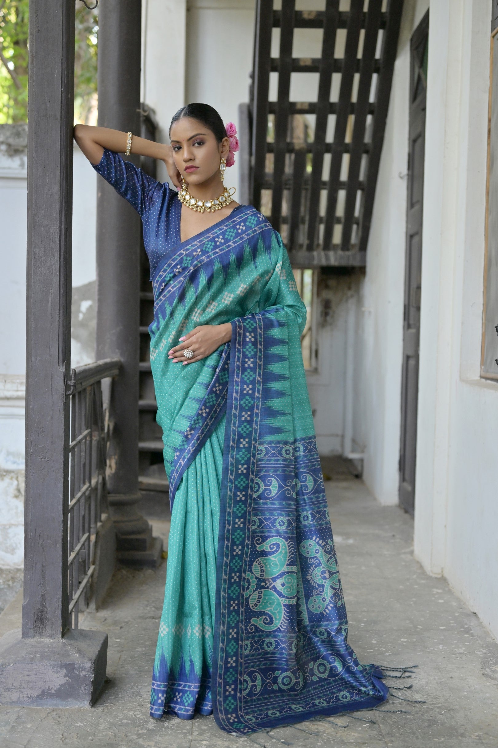 Jyoti Fashion Women's Sea Green Soft Tussar Silk Temple Border Saree with Blouse - Distacart