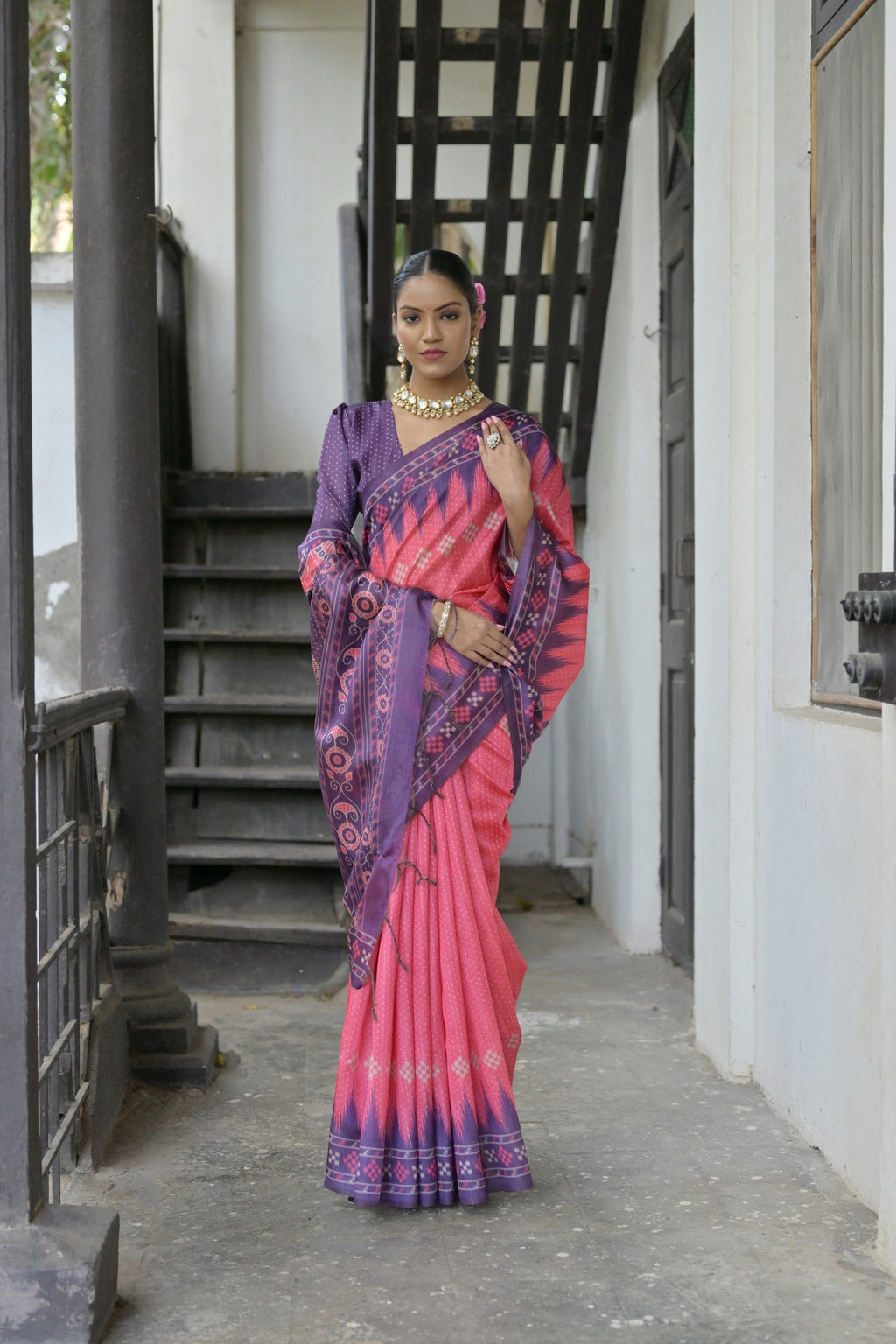 Jyoti Fashion Women's Pink Soft Tussar Silk Temple Border Saree with Blouse - Distacart