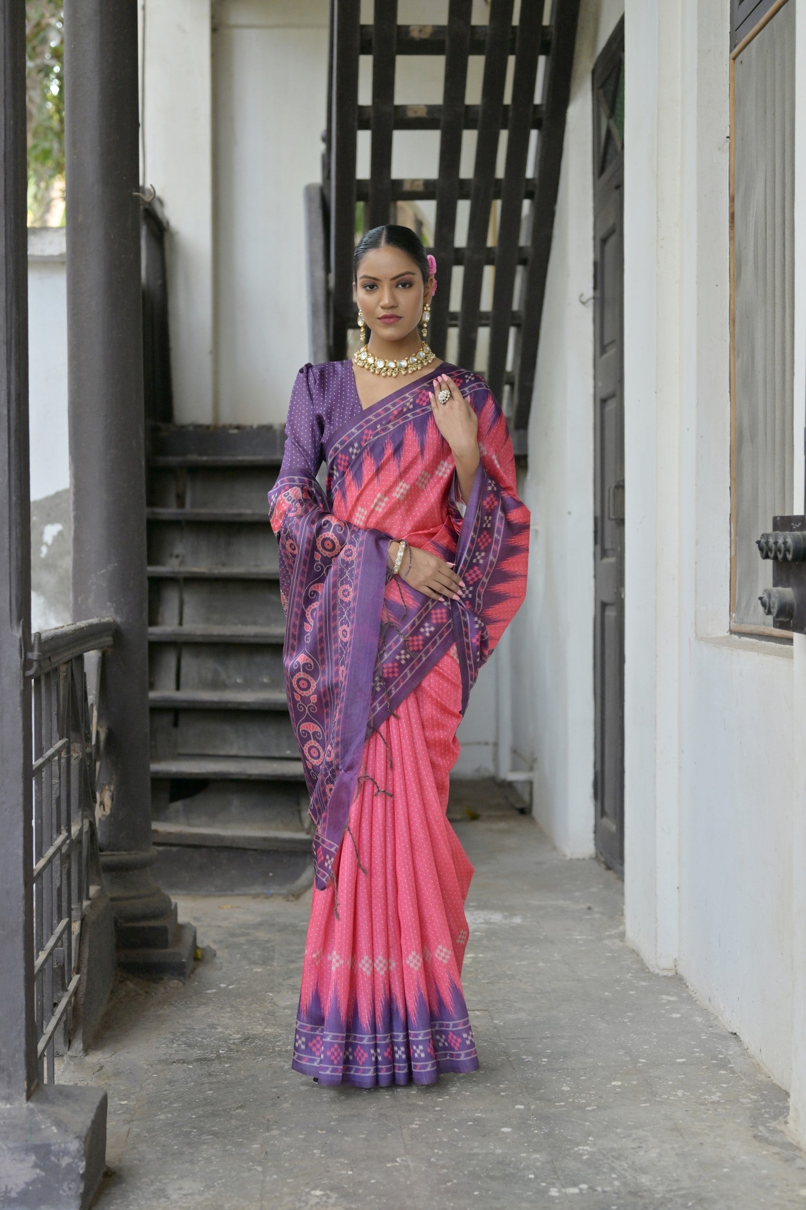 Jyoti Fashion Women's Pink Soft Tussar Silk Temple Border Saree with Blouse - Distacart