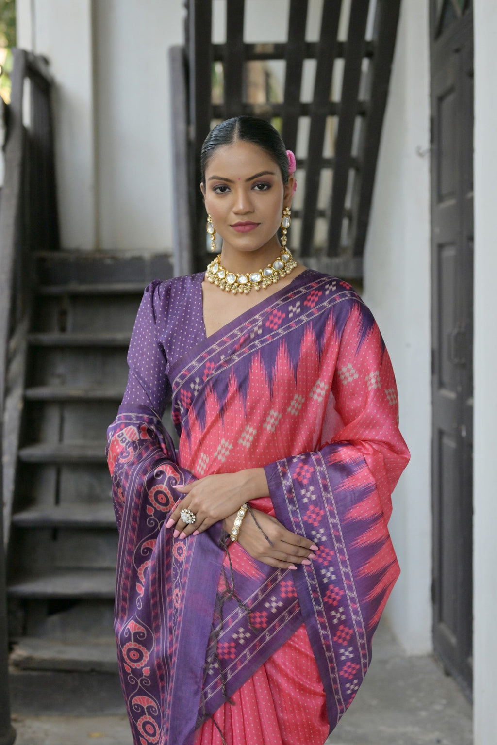 Jyoti Fashion Women's Pink Soft Tussar Silk Temple Border Saree with Blouse - Distacart