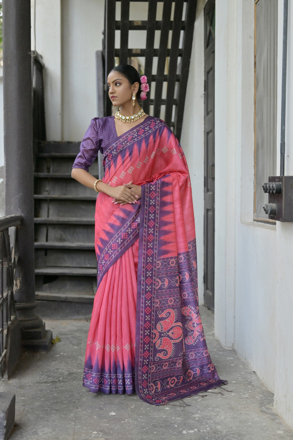 Jyoti Fashion Women's Pink Soft Tussar Silk Temple Border Saree with Blouse - Distacart