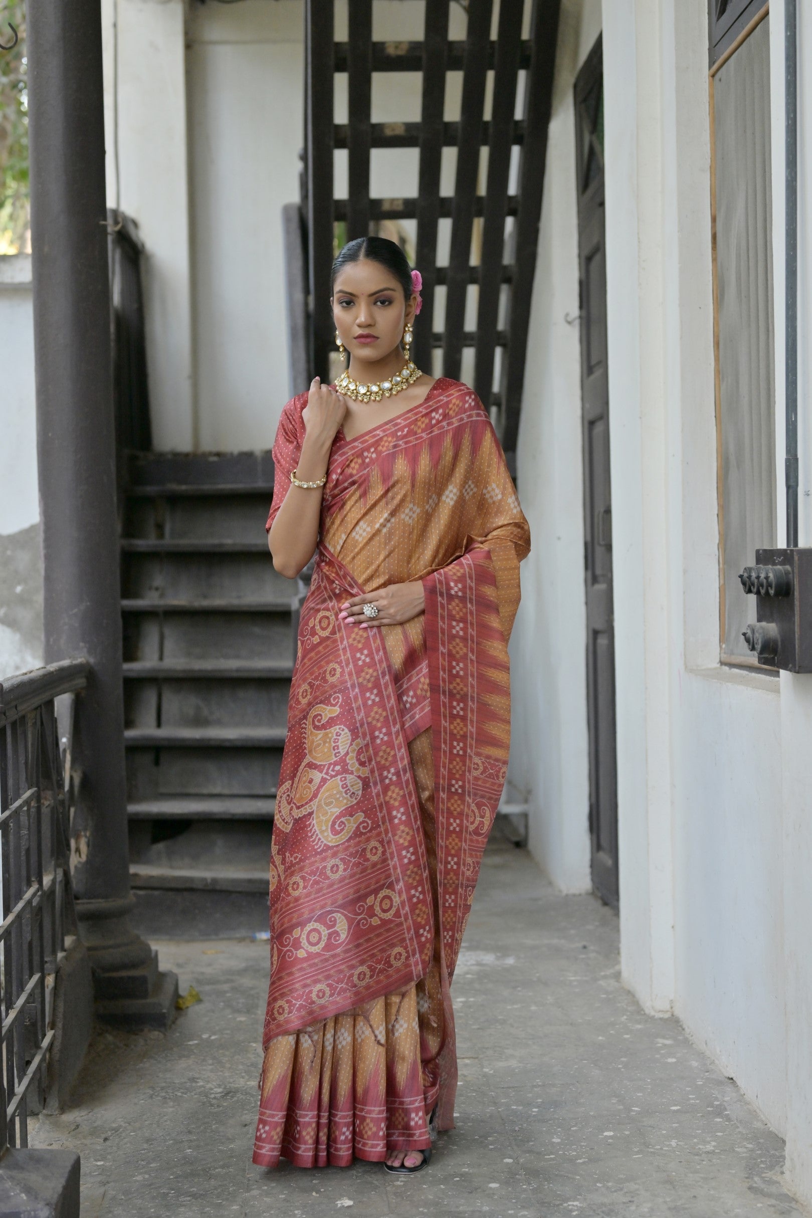 Jyoti Fashion Women's Mustard Soft Tussar Silk Temple Border Saree with Blouse - Distacart