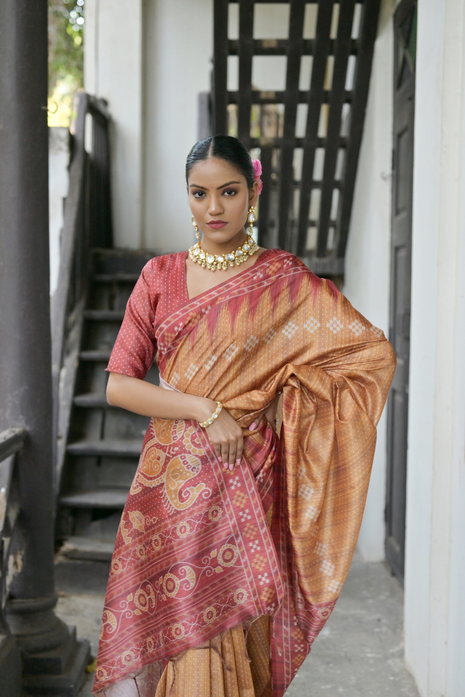 Jyoti Fashion Women's Mustard Soft Tussar Silk Temple Border Saree with Blouse - Distacart