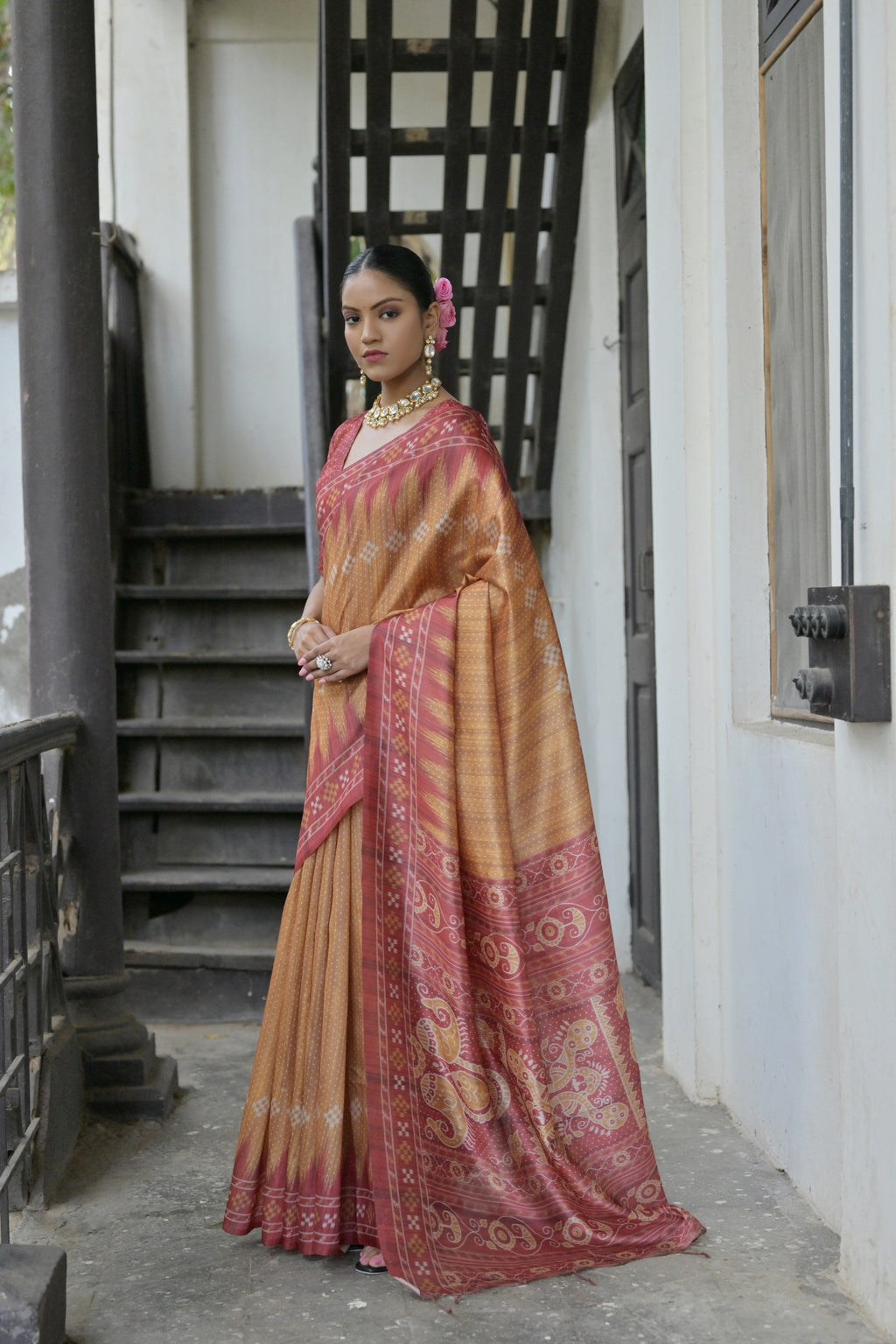 Jyoti Fashion Women's Mustard Soft Tussar Silk Temple Border Saree with Blouse - Distacart