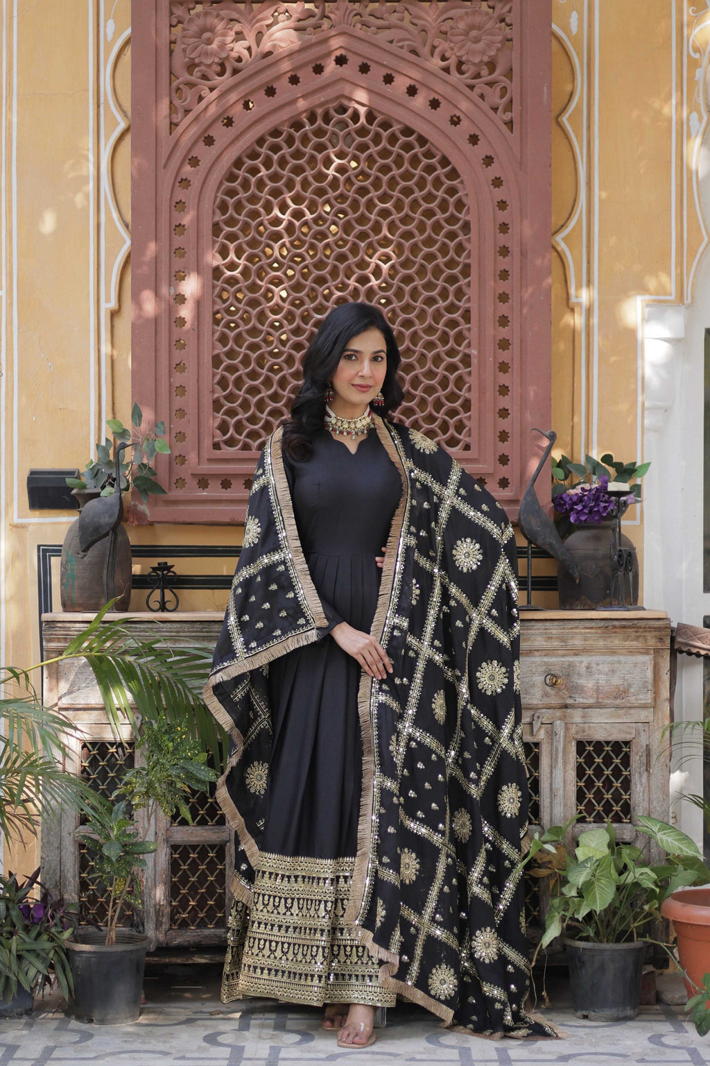 Jyoti Fashion Women's Black Star Georgette Sequins Zari Embroidered Long Anarkali Sets