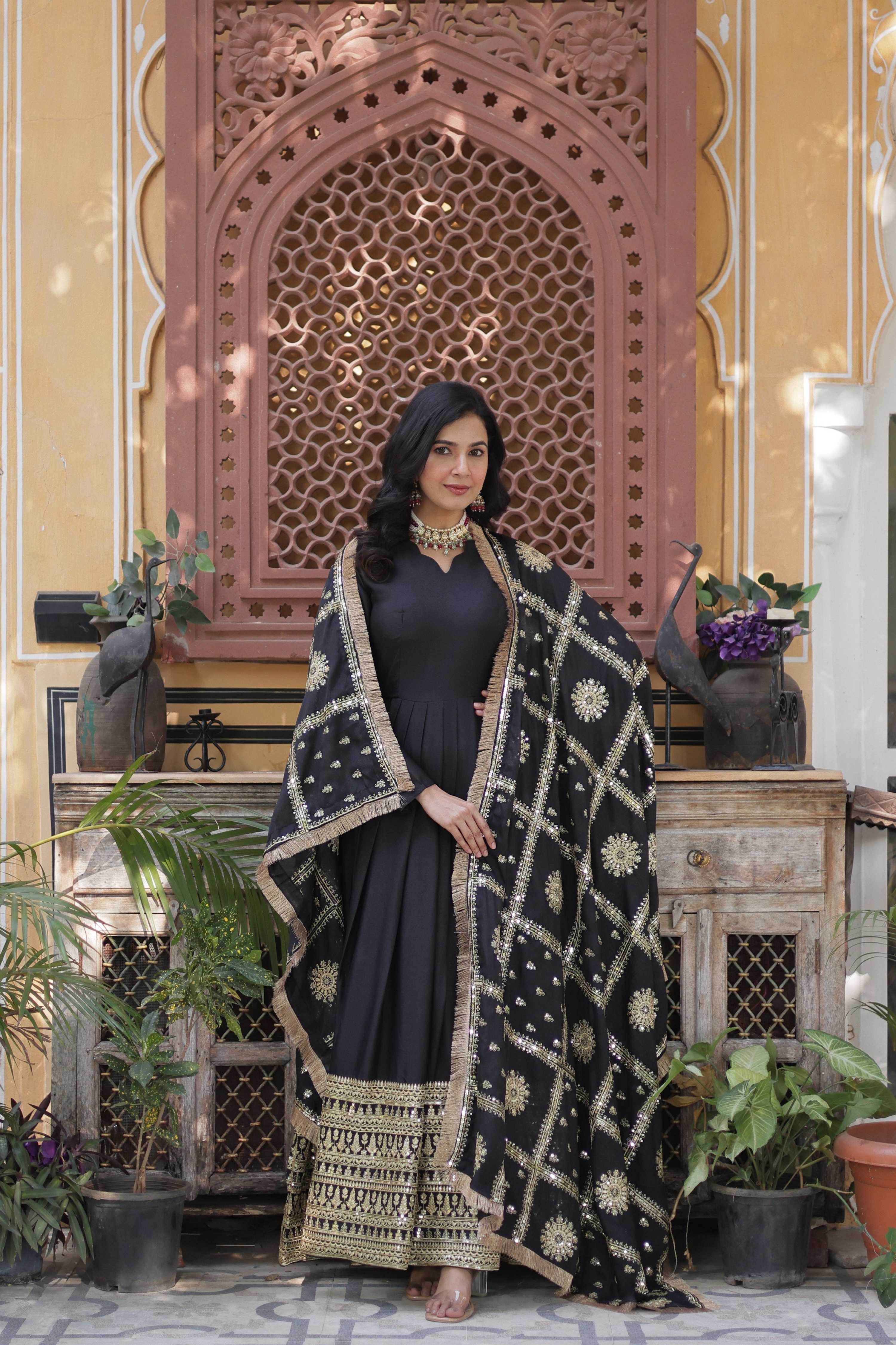 Jyoti Fashion Women's Black Star Georgette Sequins Zari Embroidered Long Anarkali Sets