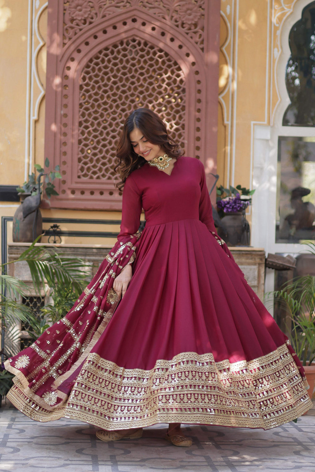 Jyoti Fashion Women's Maroon Star Georgette Sequins Zari Embroidered Long Anarkali Sets