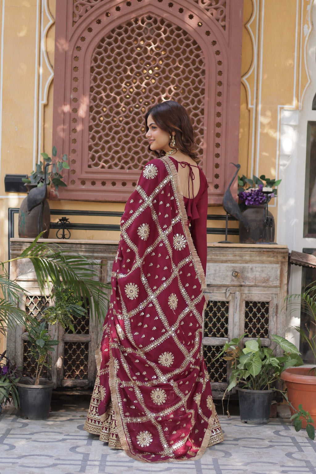 Jyoti Fashion Women's Maroon Star Georgette Sequins Zari Embroidered Long Anarkali Sets