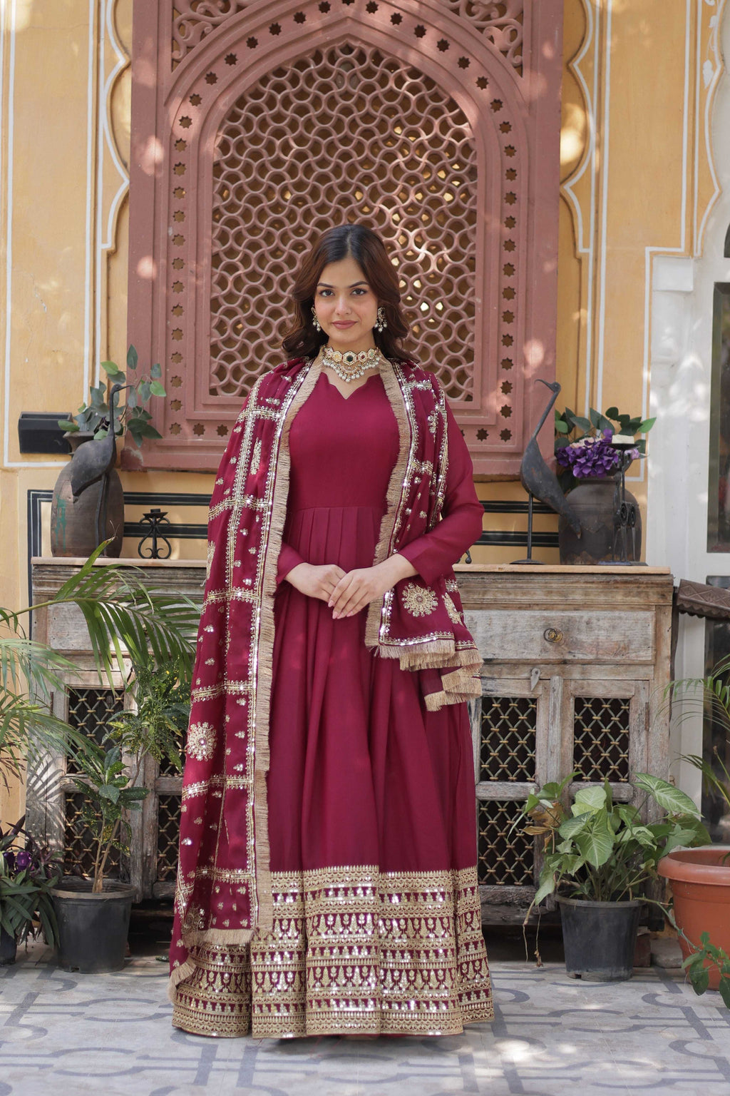 Jyoti Fashion Women's Maroon Star Georgette Sequins Zari Embroidered Long Anarkali Sets