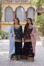 Jyoti Fashion Women's Rama & Wine Faux Blooming Sequins Embroidered Combo Sharara Set with Dupatta - Distacart