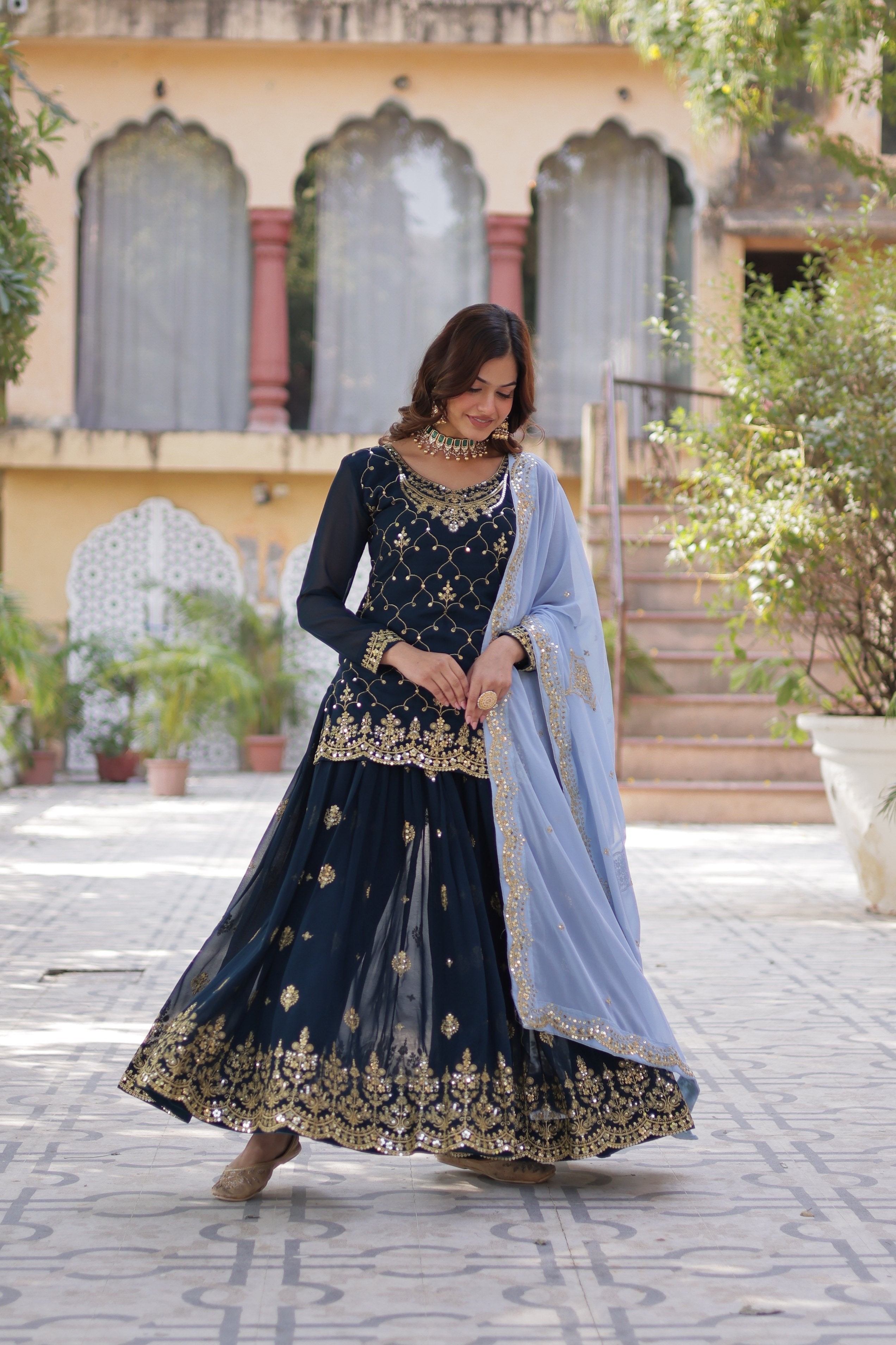 Jyoti Fashion Women's Rama Faux Blooming Sequins Embroidered Sharara Set with Dupatta - Distacart