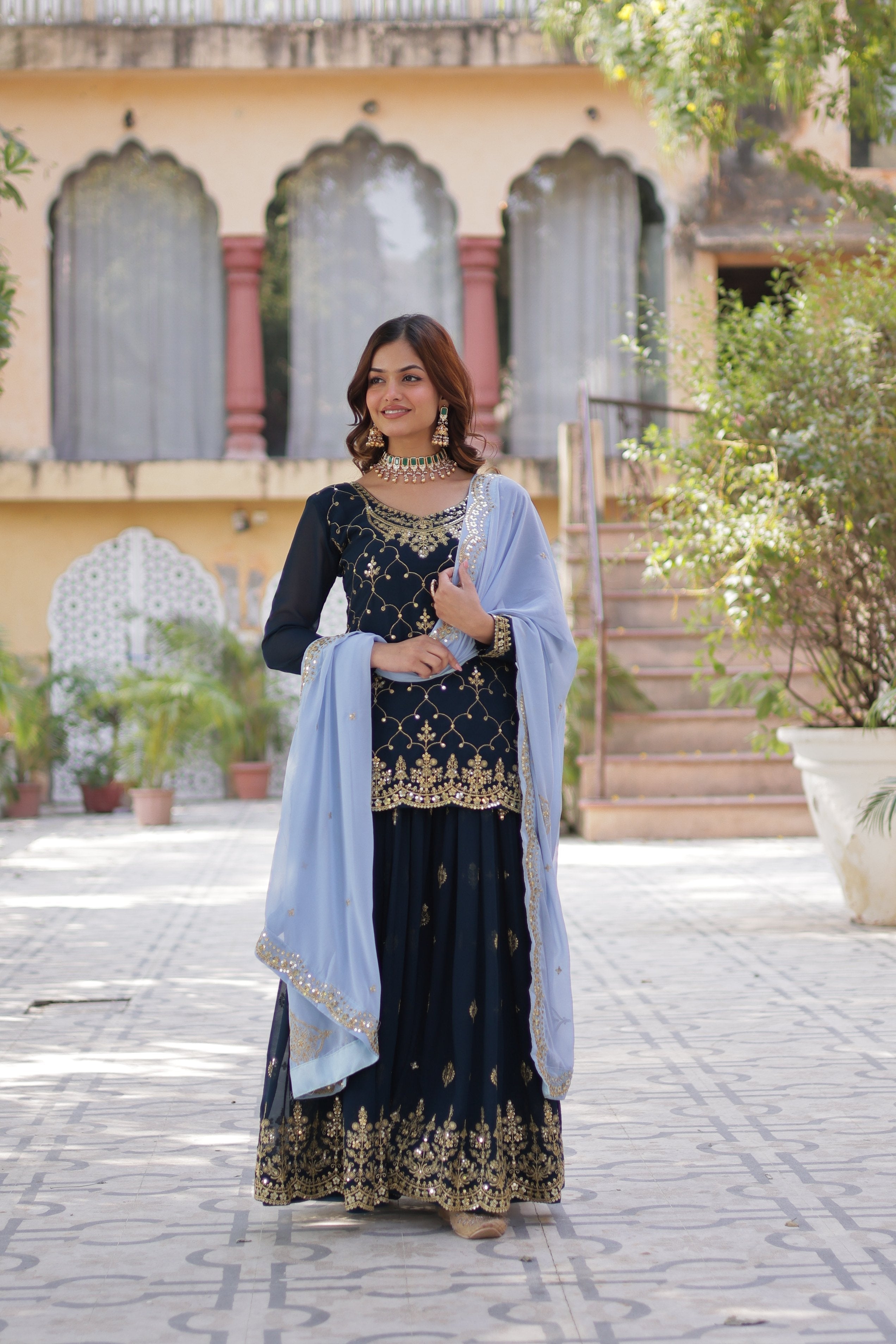 Jyoti Fashion Women's Rama Faux Blooming Sequins Embroidered Sharara Set with Dupatta - Distacart