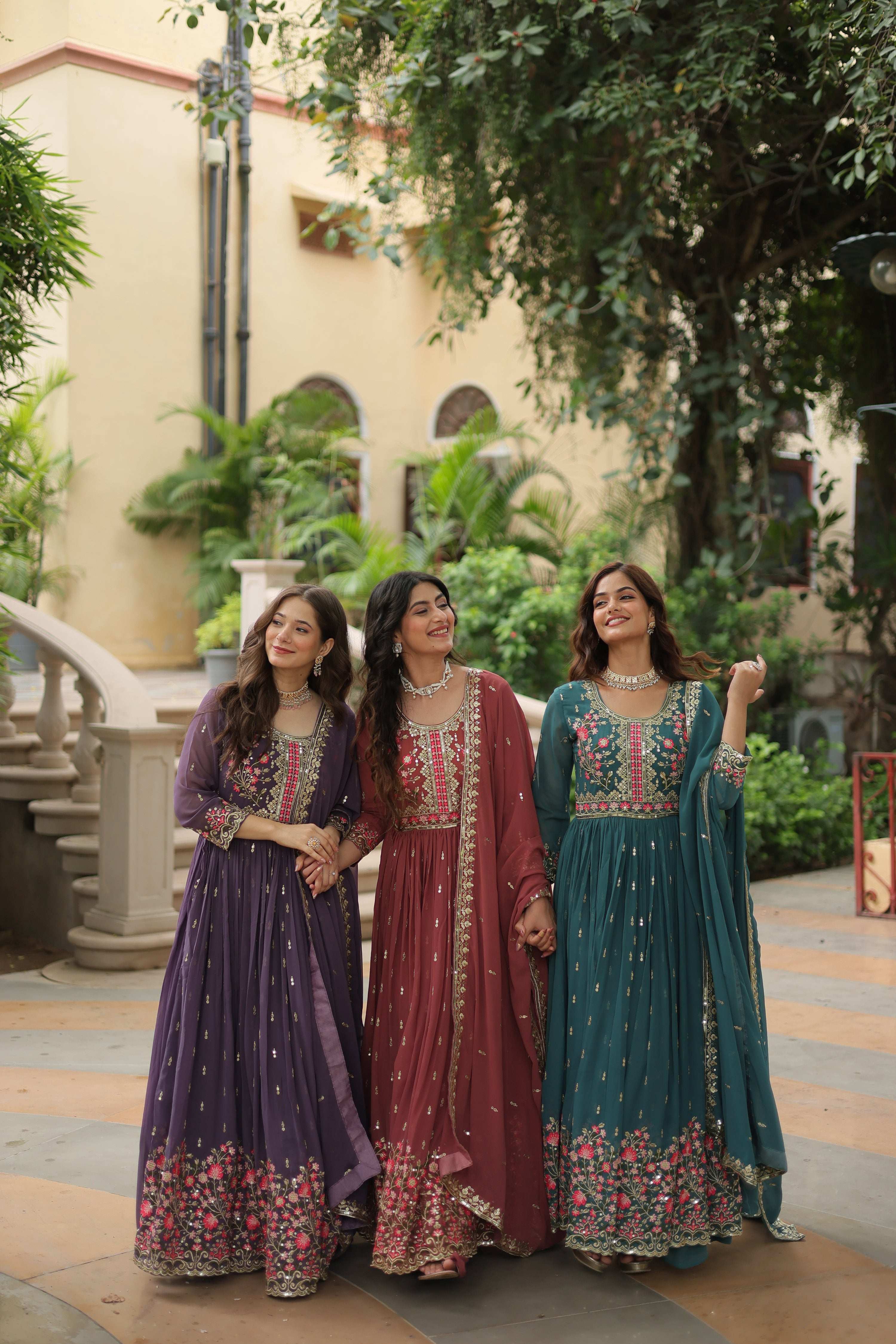 Jyoti Fashion Women's Purple, Gajri & Rama Faux Georgette Rich Sequins Embroidered Combo Anarkali Set with Dupatta