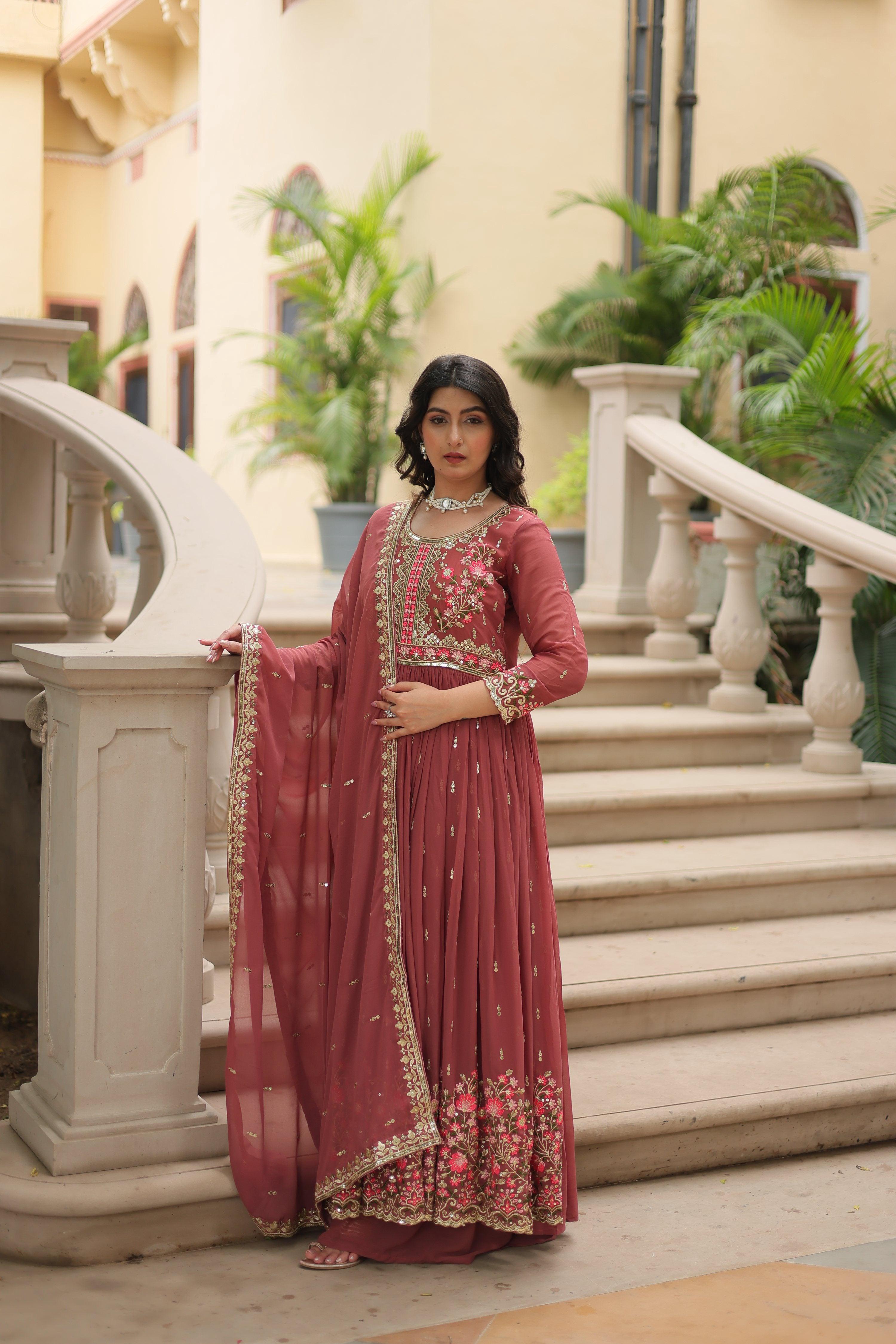 Jyoti Fashion Women's Gajri Faux Georgette Rich Sequins Embroidered Anarkali Set with Dupatta