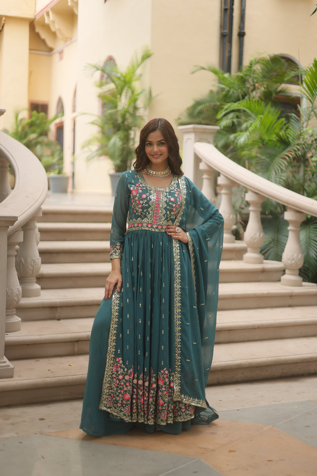 Jyoti Fashion Women's Rama Faux Georgette Rich Sequins Embroidered Anarkali Set with Dupatta