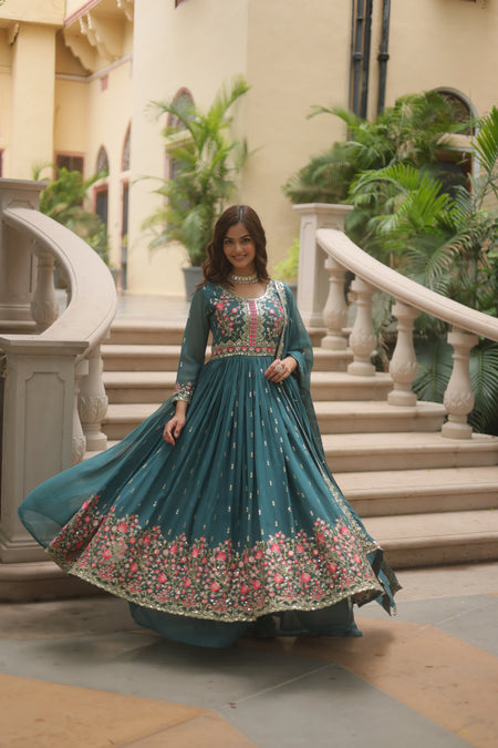 Jyoti Fashion Women's Rama Faux Georgette Rich Sequins Embroidered Anarkali Set with Dupatta