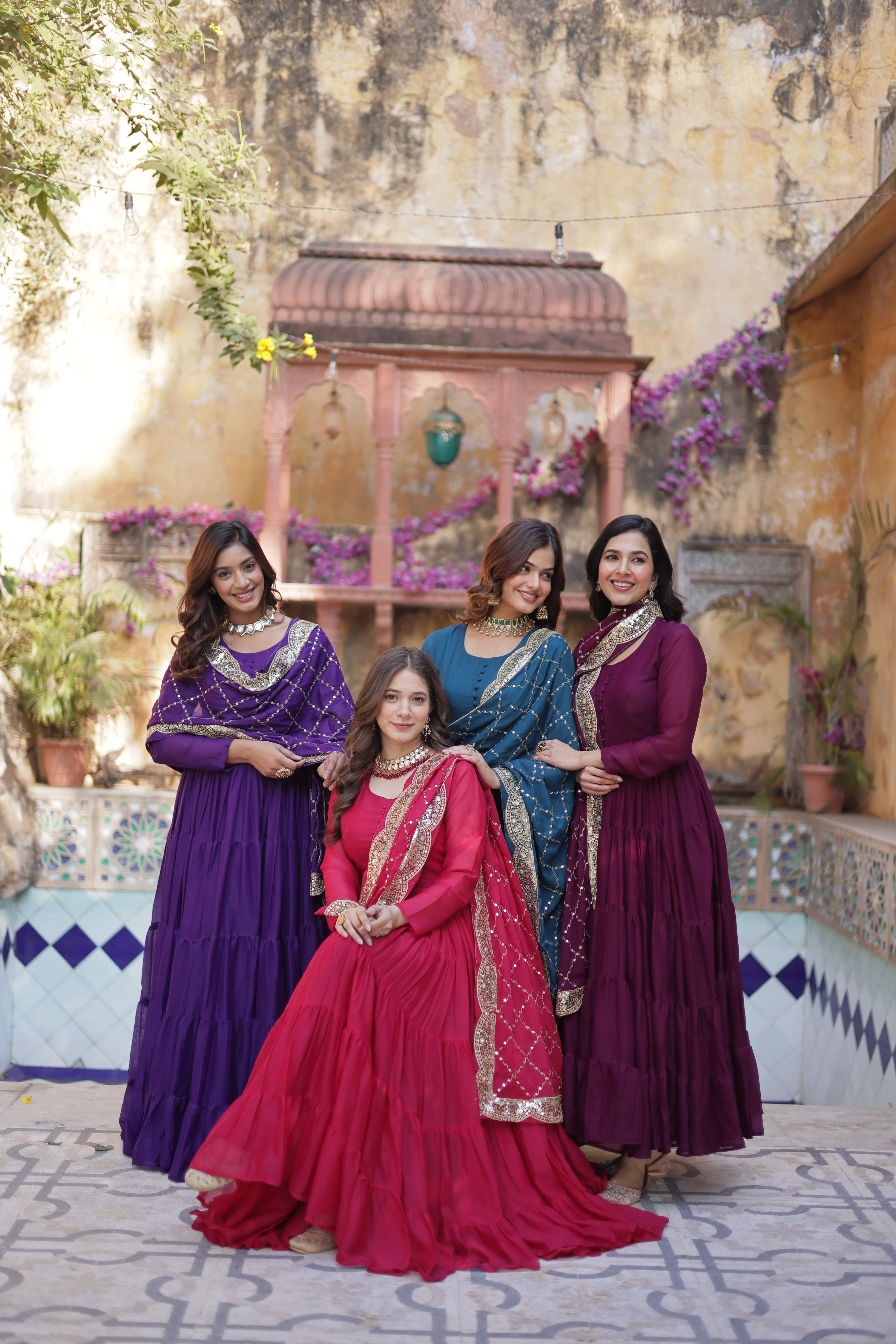 Jyoti Fashion Women's Wine, Rama, Pink & Jamuni Star Georgette Rich Sequins Embroidered Combo Anarkali Set with Dupatta