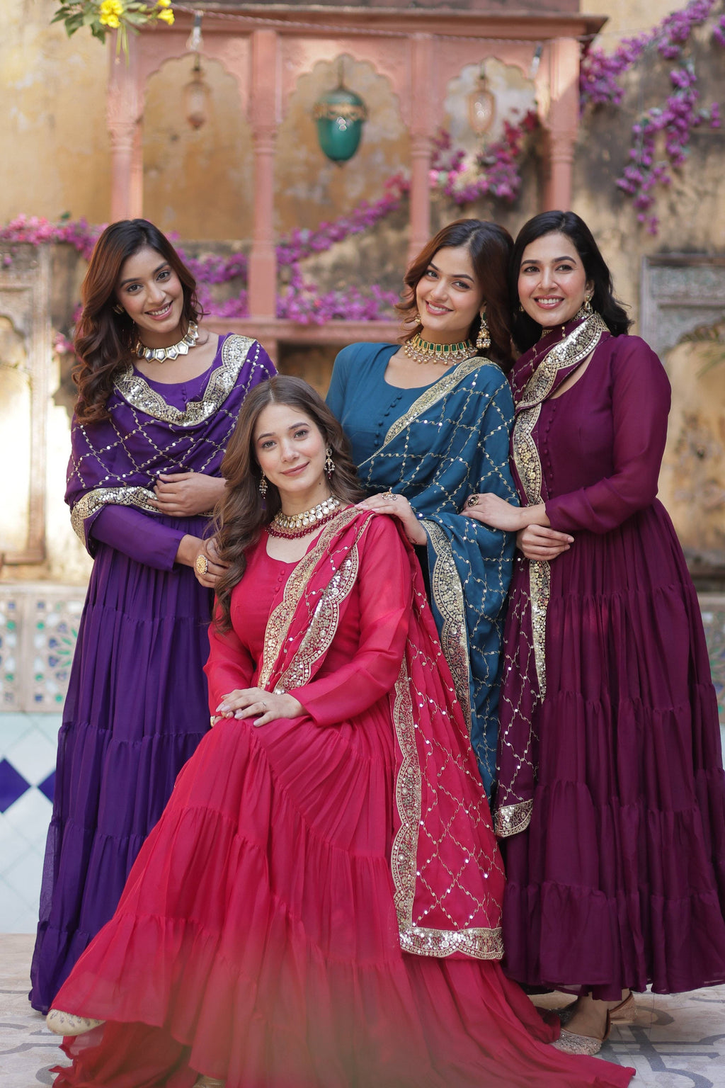 Jyoti Fashion Women's Wine, Rama, Pink & Jamuni Star Georgette Rich Sequins Embroidered Combo Anarkali Set with Dupatta