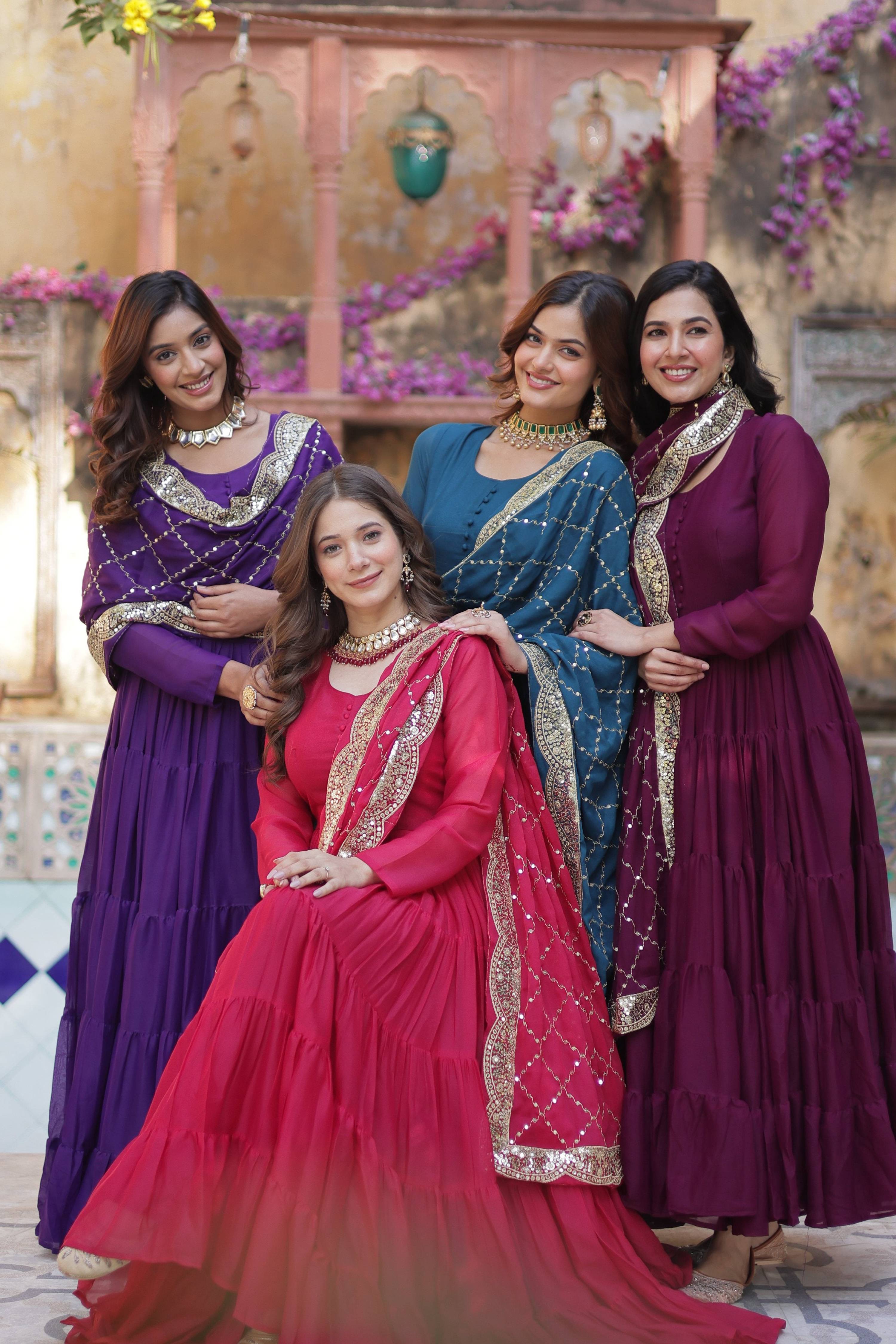 Jyoti Fashion Women's Wine, Rama, Pink & Jamuni Star Georgette Rich Sequins Embroidered Combo Anarkali Set with Dupatta