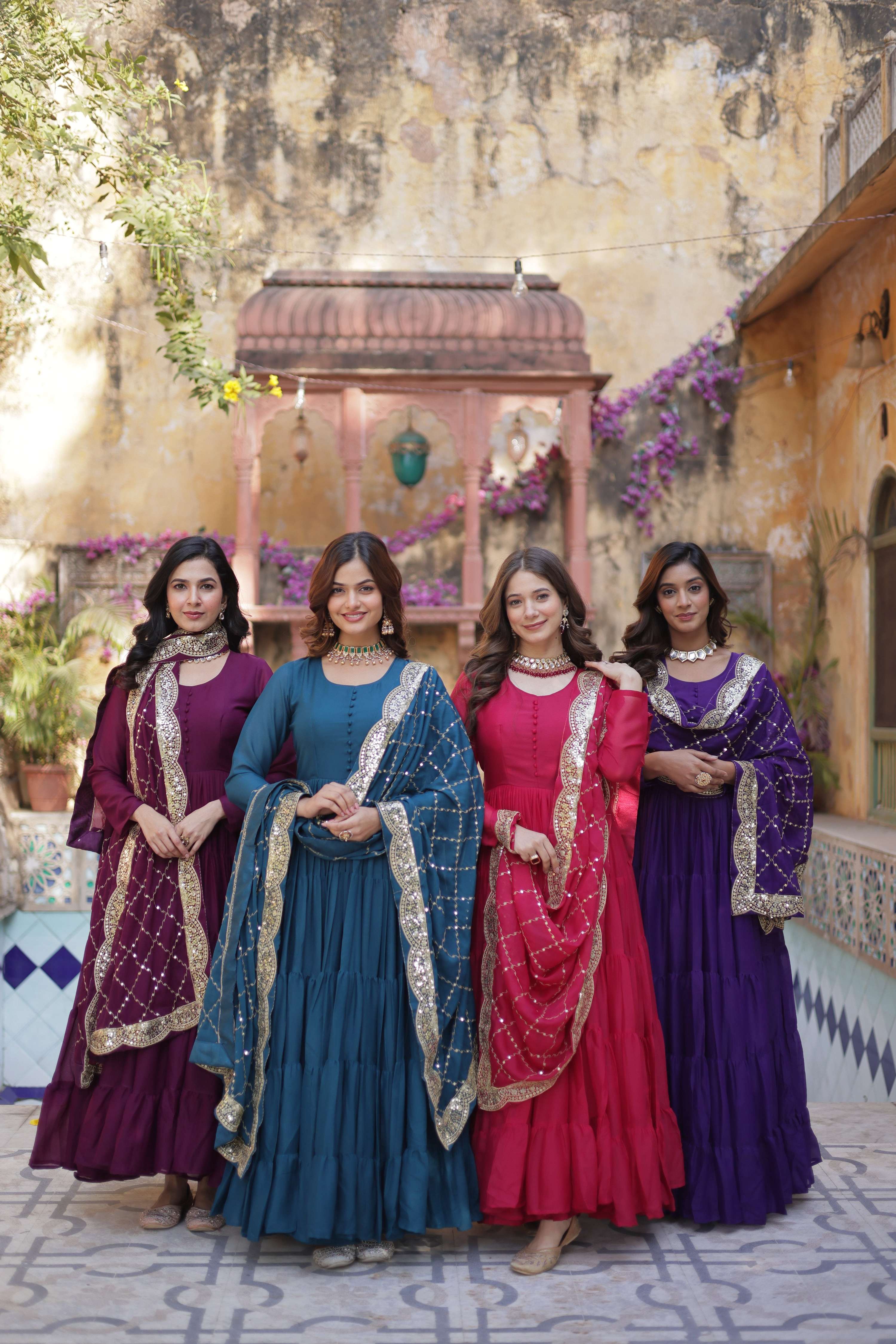 Jyoti Fashion Women's Wine, Rama, Pink & Jamuni Star Georgette Rich Sequins Embroidered Combo Anarkali Set with Dupatta