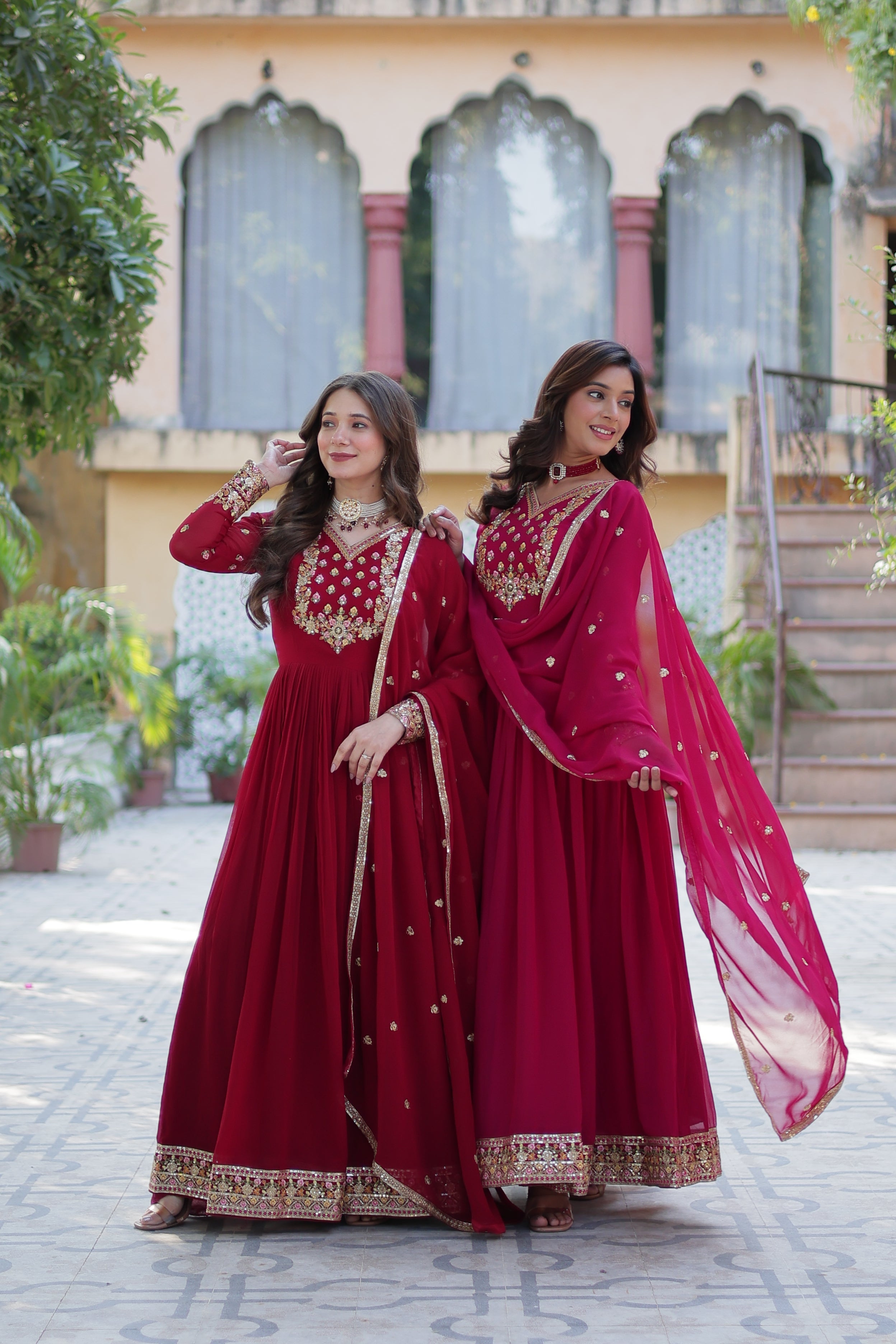 Jyoti Fashion Women's Maroon & Pink Faux Georgette Rich Sequins Embroidered Combo Anarkali Set with Dupatta
