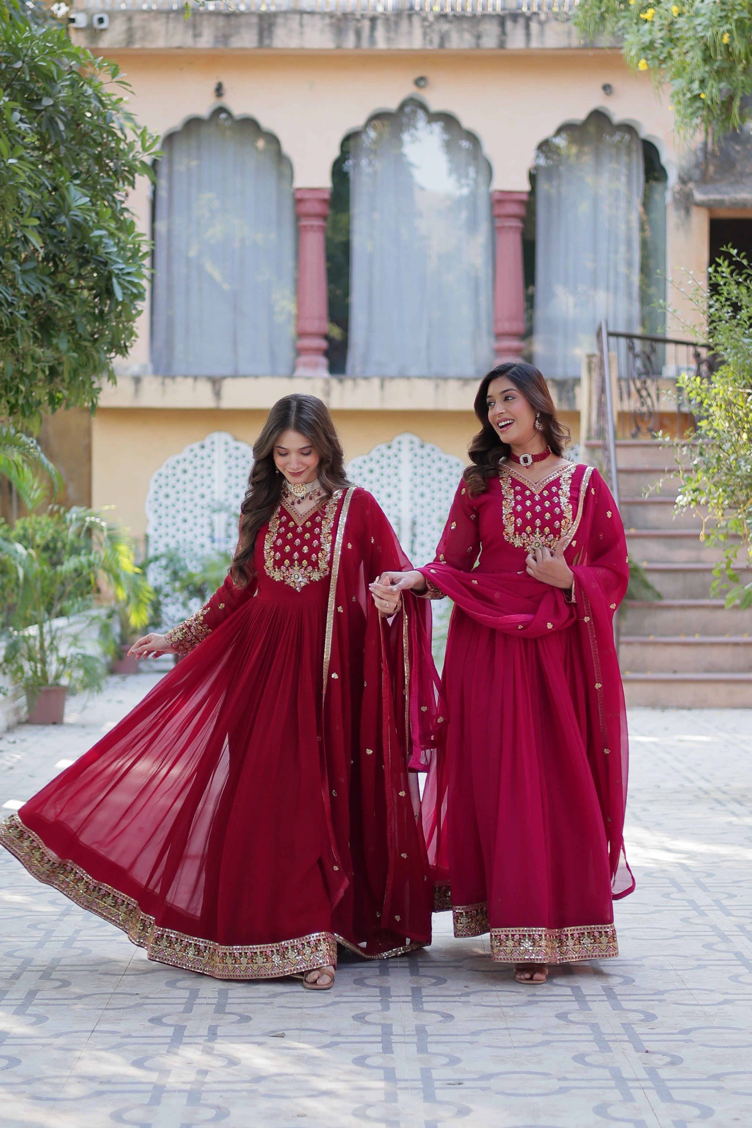 Jyoti Fashion Women's Maroon & Pink Faux Georgette Rich Sequins Embroidered Combo Anarkali Set with Dupatta