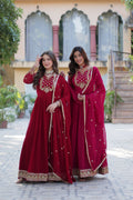 Jyoti Fashion Women's Maroon & Pink Faux Georgette Rich Sequins Embroidered Combo Anarkali Set with Dupatta