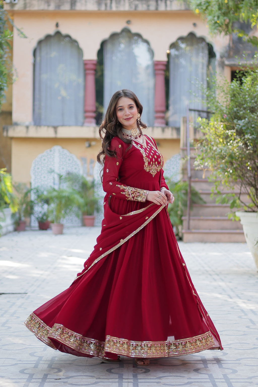 Jyoti Fashion Women's Maroon Faux Georgette Rich Sequins Embroidered Anarkali Set with Dupatta