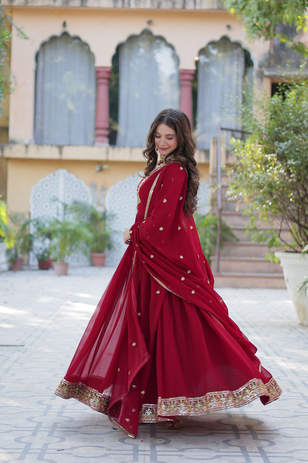 Jyoti Fashion Women's Maroon Faux Georgette Rich Sequins Embroidered Anarkali Set with Dupatta