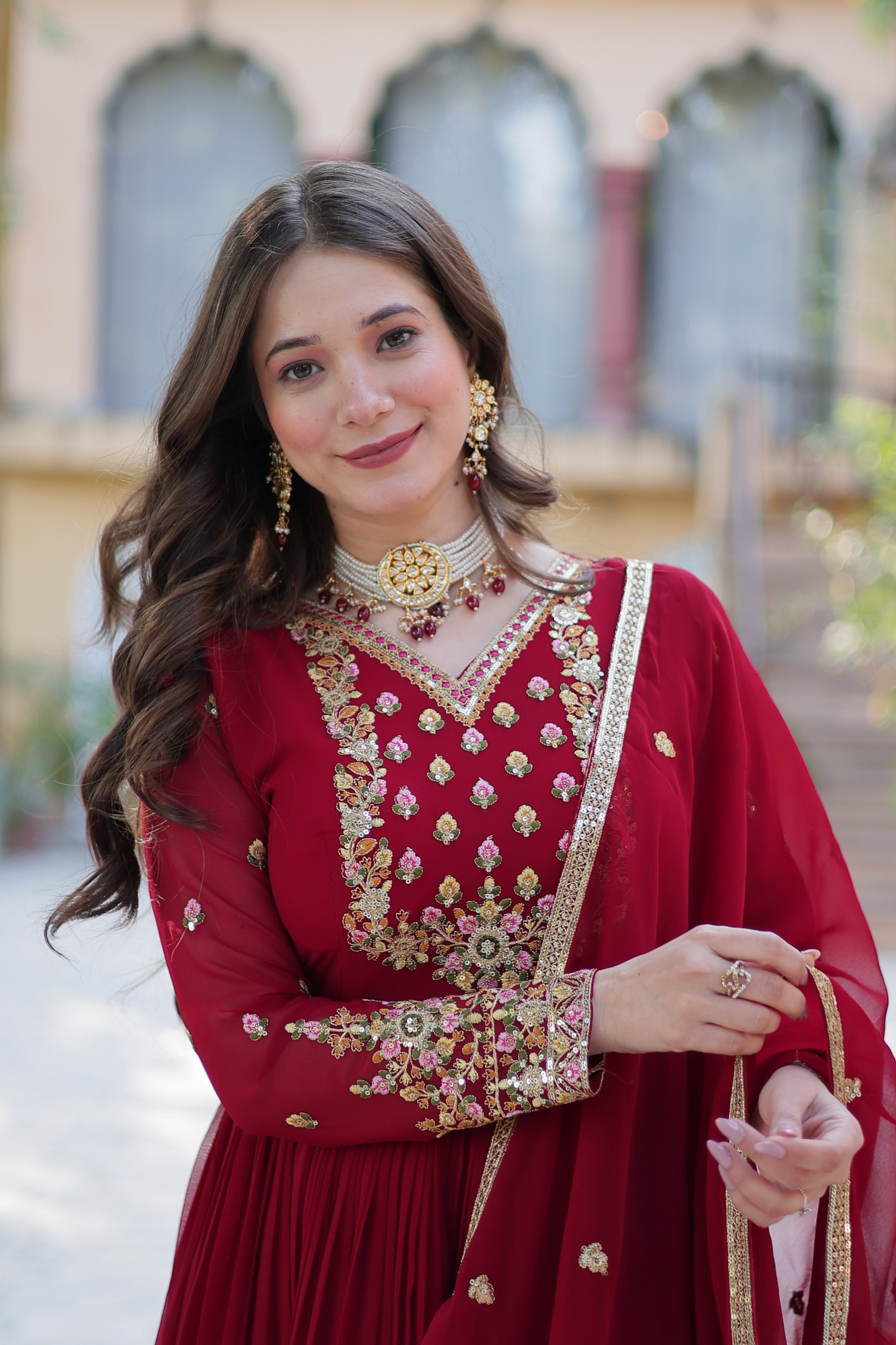 Jyoti Fashion Women's Maroon Faux Georgette Rich Sequins Embroidered Anarkali Set with Dupatta