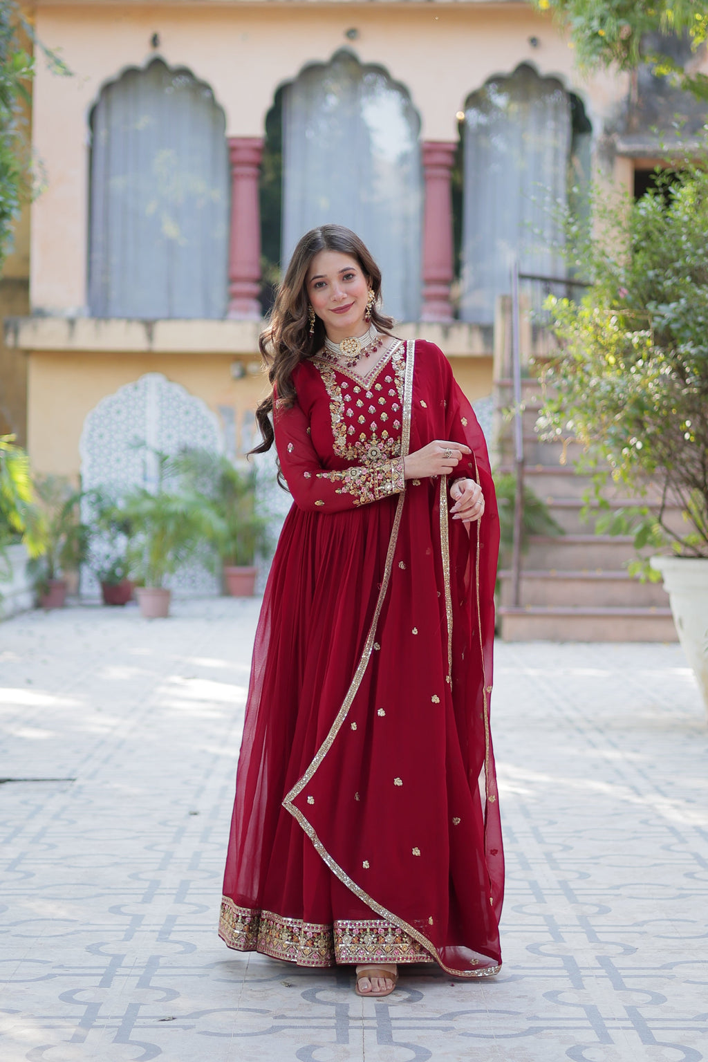 Jyoti Fashion Women's Maroon Faux Georgette Rich Sequins Embroidered Anarkali Set with Dupatta