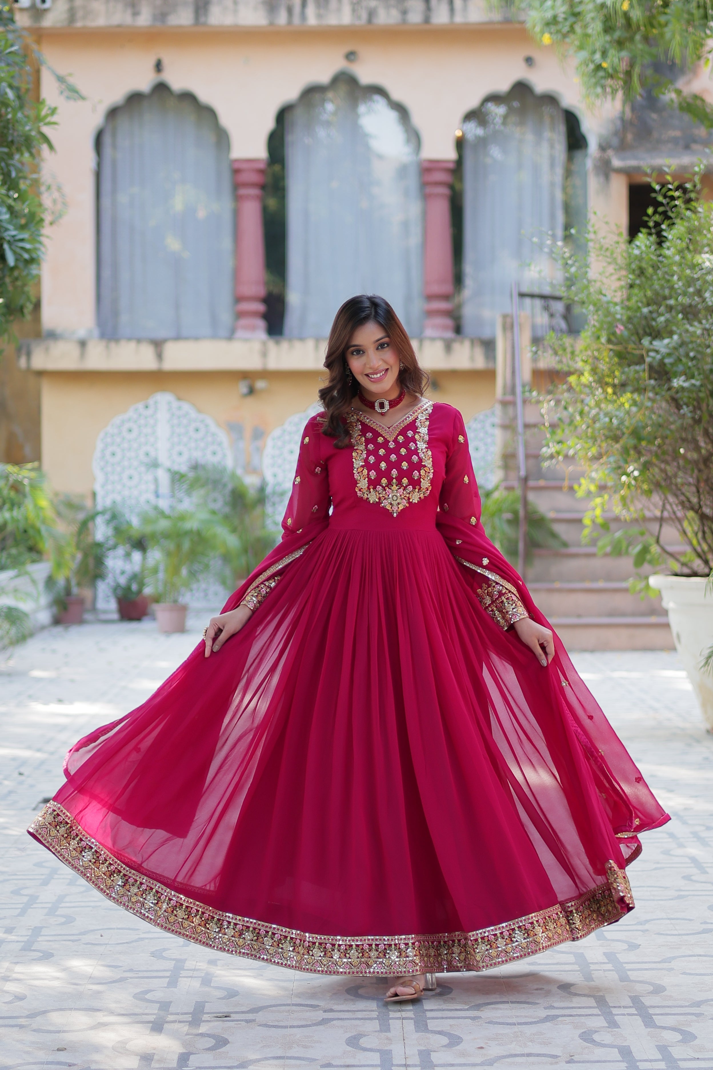 Jyoti Fashion Women's Pink Faux Georgette Rich Sequins Embroidered Anarkali Set with Dupatta