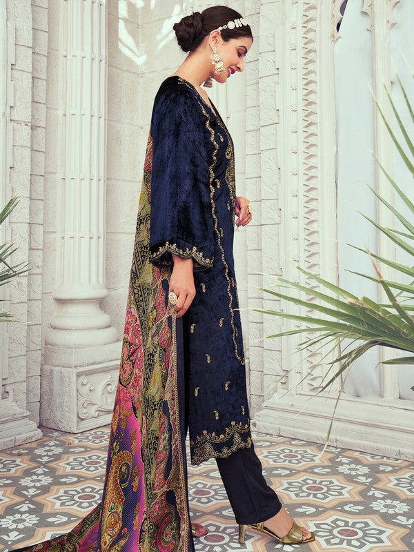 Jyoti Fashion Women's Navy Blue Velvet Cording with Digital Printed Kurta with Trouser & Dupatta