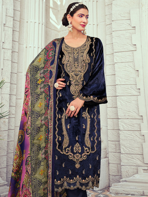 Jyoti Fashion Women's Navy Blue Velvet Cording with Digital Printed Kurta with Trouser & Dupatta