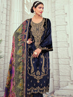 Jyoti Fashion Women's Navy Blue Velvet Cording with Digital Printed Kurta with Trouser & Dupatta