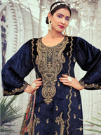 Jyoti Fashion Women's Navy Blue Velvet Cording with Digital Printed Kurta with Trouser & Dupatta