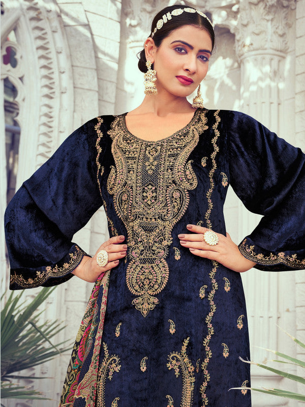 Jyoti Fashion Women's Navy Blue Velvet Cording with Digital Printed Kurta with Trouser & Dupatta