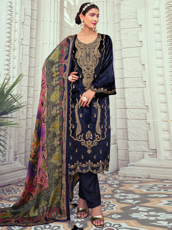 Jyoti Fashion Women's Navy Blue Velvet Cording with Digital Printed Kurta with Trouser & Dupatta