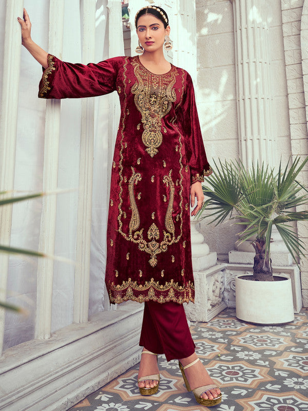 Jyoti Fashion Women's Maroon Velvet Cording with Digital Printed Kurta with Trouser & Dupatta