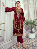 Jyoti Fashion Women's Maroon Velvet Cording with Digital Printed Kurta with Trouser & Dupatta