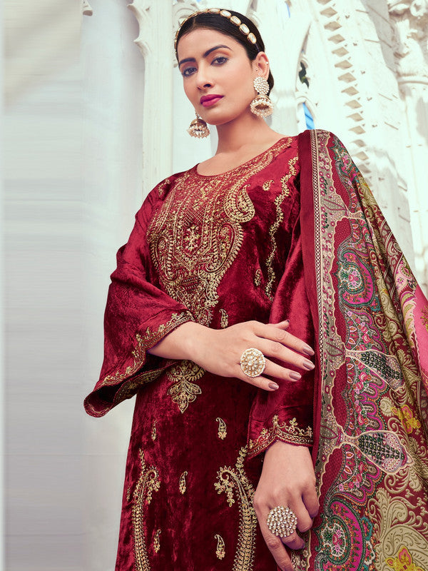 Jyoti Fashion Women's Maroon Velvet Cording with Digital Printed Kurta with Trouser & Dupatta